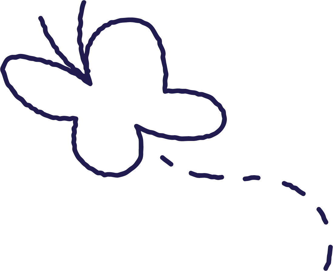 A simple drawing of a butterfly with a dashed line trailing behind it, possibly representing movement.