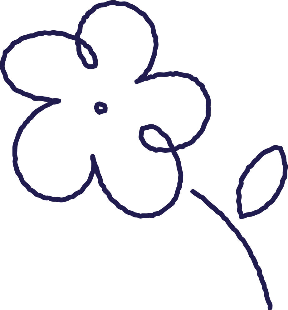 Outlined drawing of a flower with three petals, a small circular center, and a stem with a single leaf.