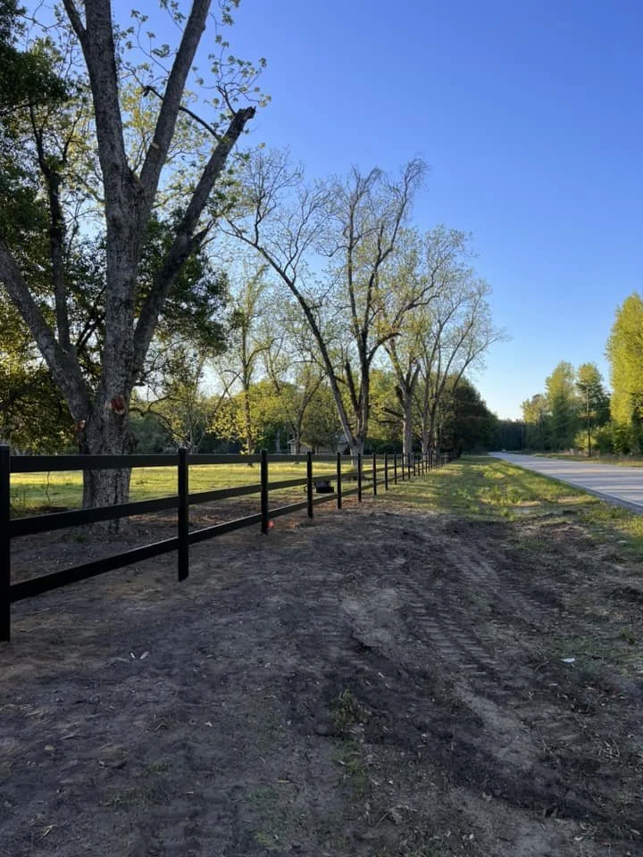 A rural roadside scene with a dirt path, a black wooden fence, leafless and green trees, a paved road, and a clear blue sky.