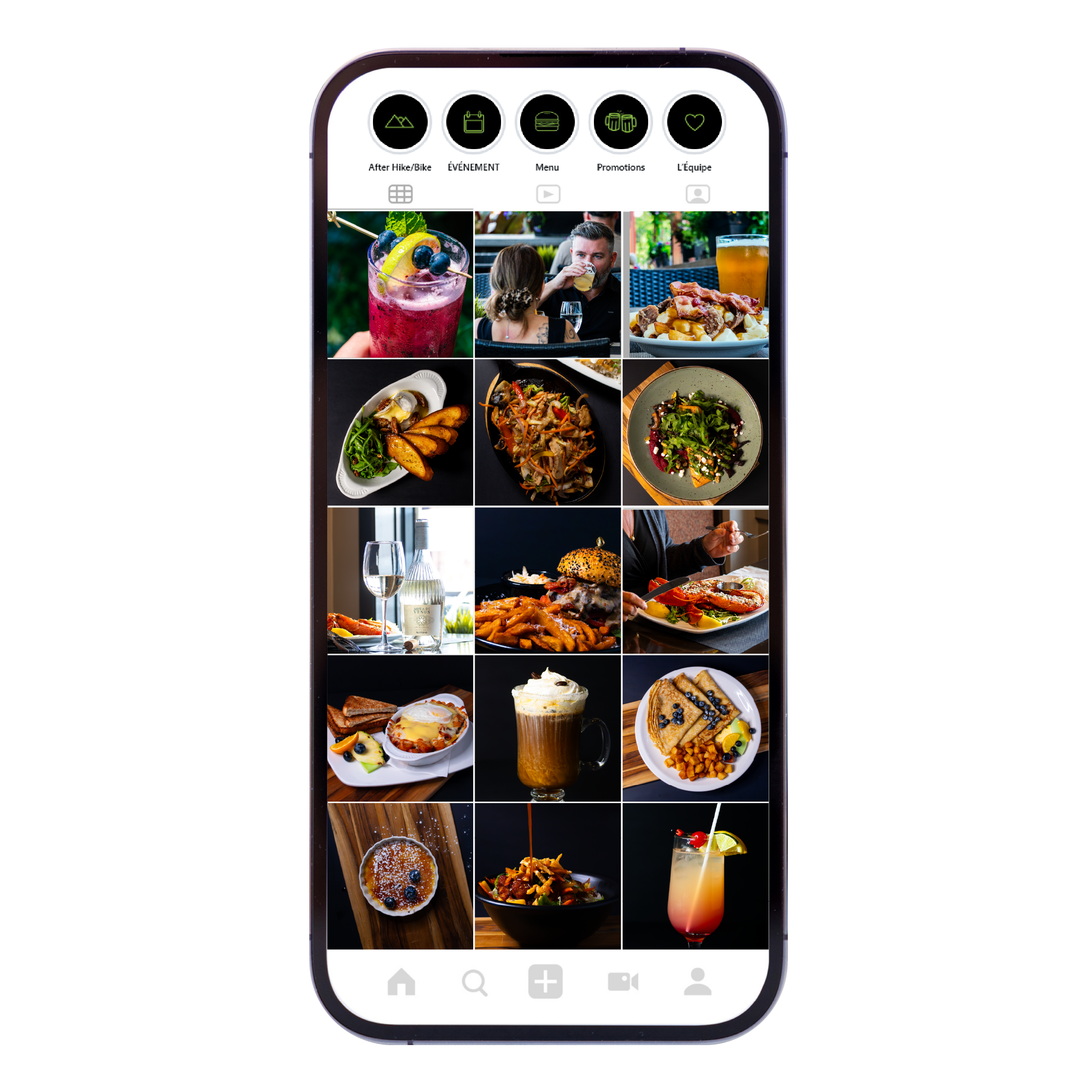 Capture d'écran d'un smartphone affichant une galerie de photos de plats et boissons, notamment cocktails, plats de viande, desserts, et repas divers pour un resto-pub à Québec. Gestion de réseaux sociaux et création de contenu pour un restaurant.