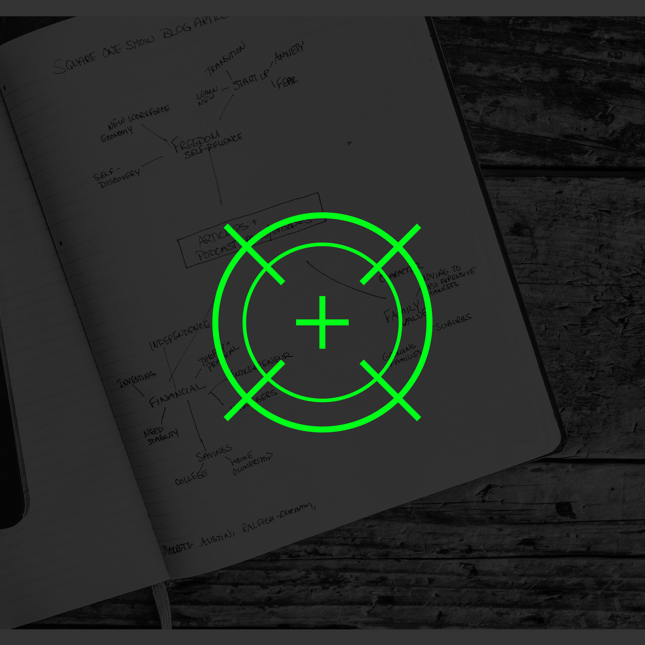 Une feuille de notes manuscrites avec des mots liés à la stratégie de contenu numérique et à la croissance d'une entreprise, sur un fond en bois. Un indicateur radar vert superposé indique une analyse ou une évaluation, un but ou des objectifs.