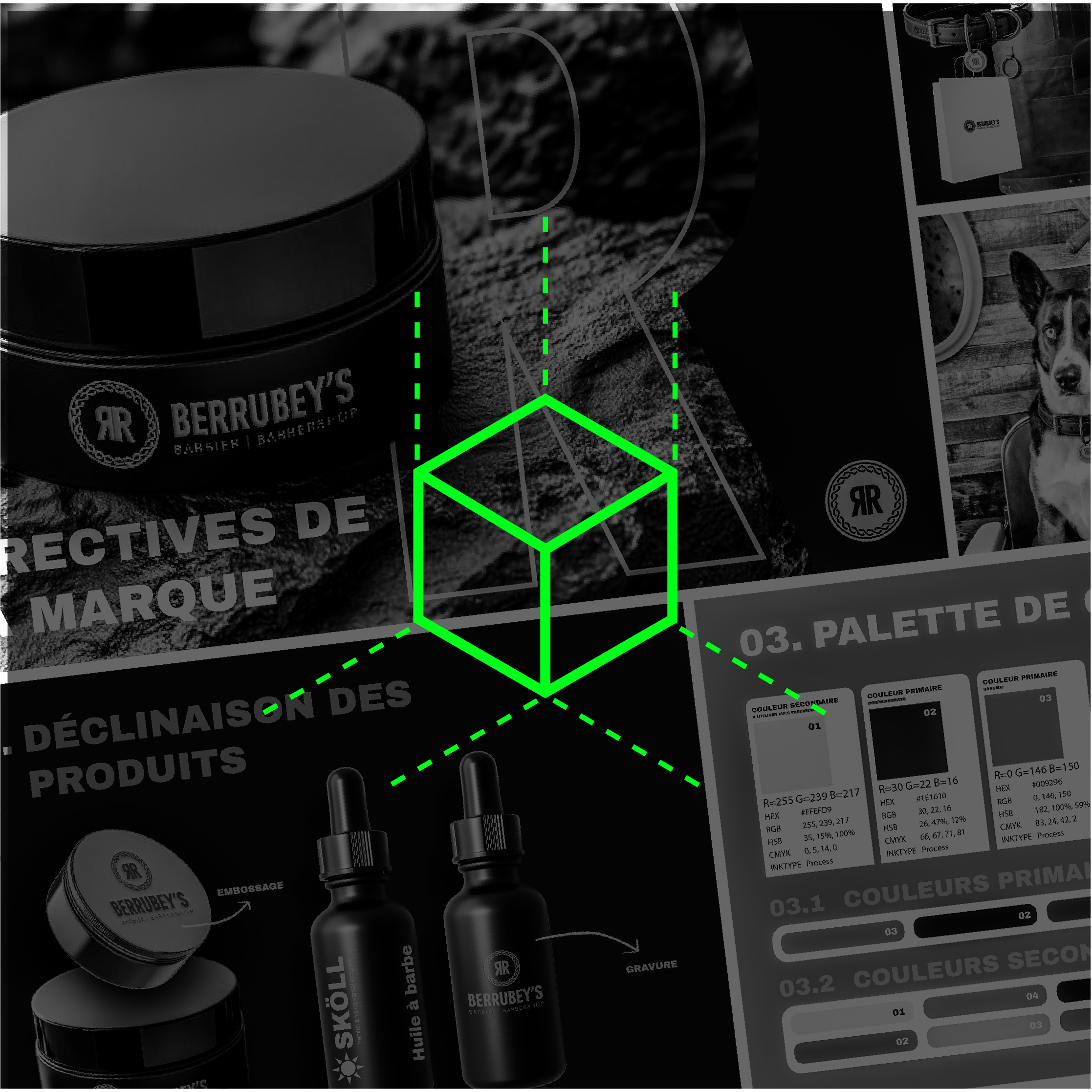 Un document de directives de marque avec l'identité visuelle ou le branding complet d'un barbier, incluant un logo, une charte de couleurs avec leurs codes RGB et HEX, le tout sur un fond sombre.