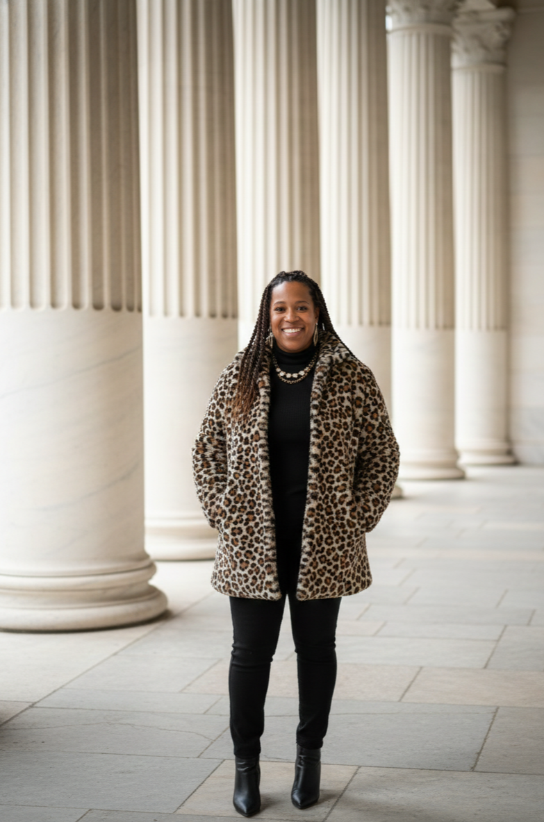 Harley with braids smiling, wearing a leopard print coat, black turtleneck, black jeans, and black ankle boots, standing in front of white columns.