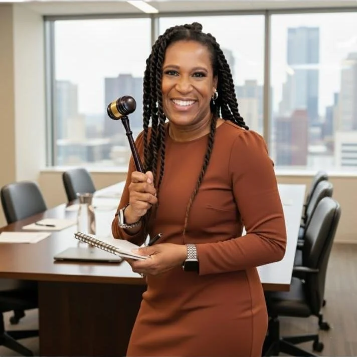 A woman in a brown dress holding a judge's gavel and a notepad in a conference room with large windows and a city view.