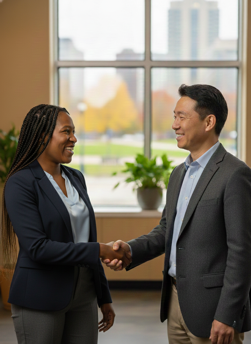 Harley and a man are shaking hands inside an office with large window behind them, showing an outdoor view of trees and buildings.