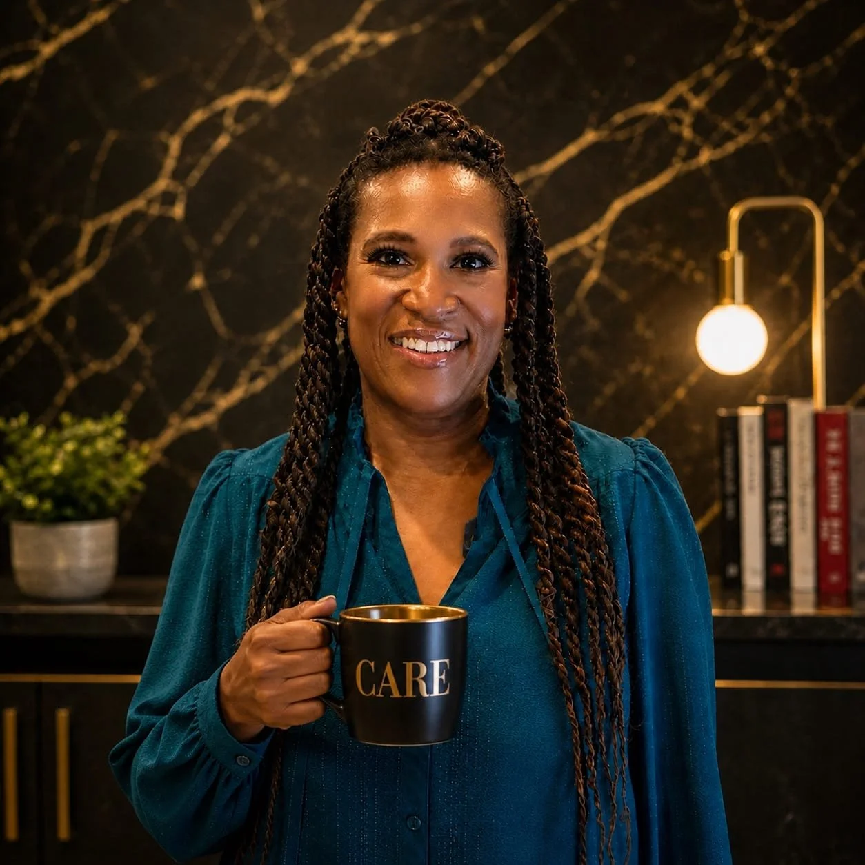 A woman with long braided hair smiling and holding a black mug with the word 'CARE' written on it, standing in a modern kitchen with a black marble wall, a small plant, a lamp, and a row of books in the background.
