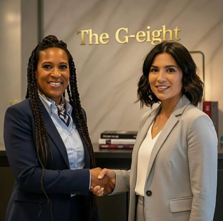 Two women shaking hands in an office setting with a sign that reads 'The G-eigh' in the background.