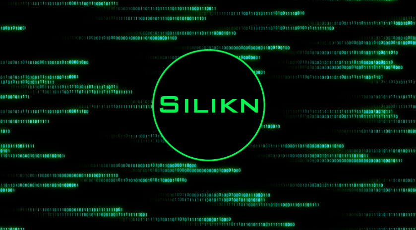 Fondo negro con código binario en verde y un círculo con la palabra 'SILIKN' en el centro.