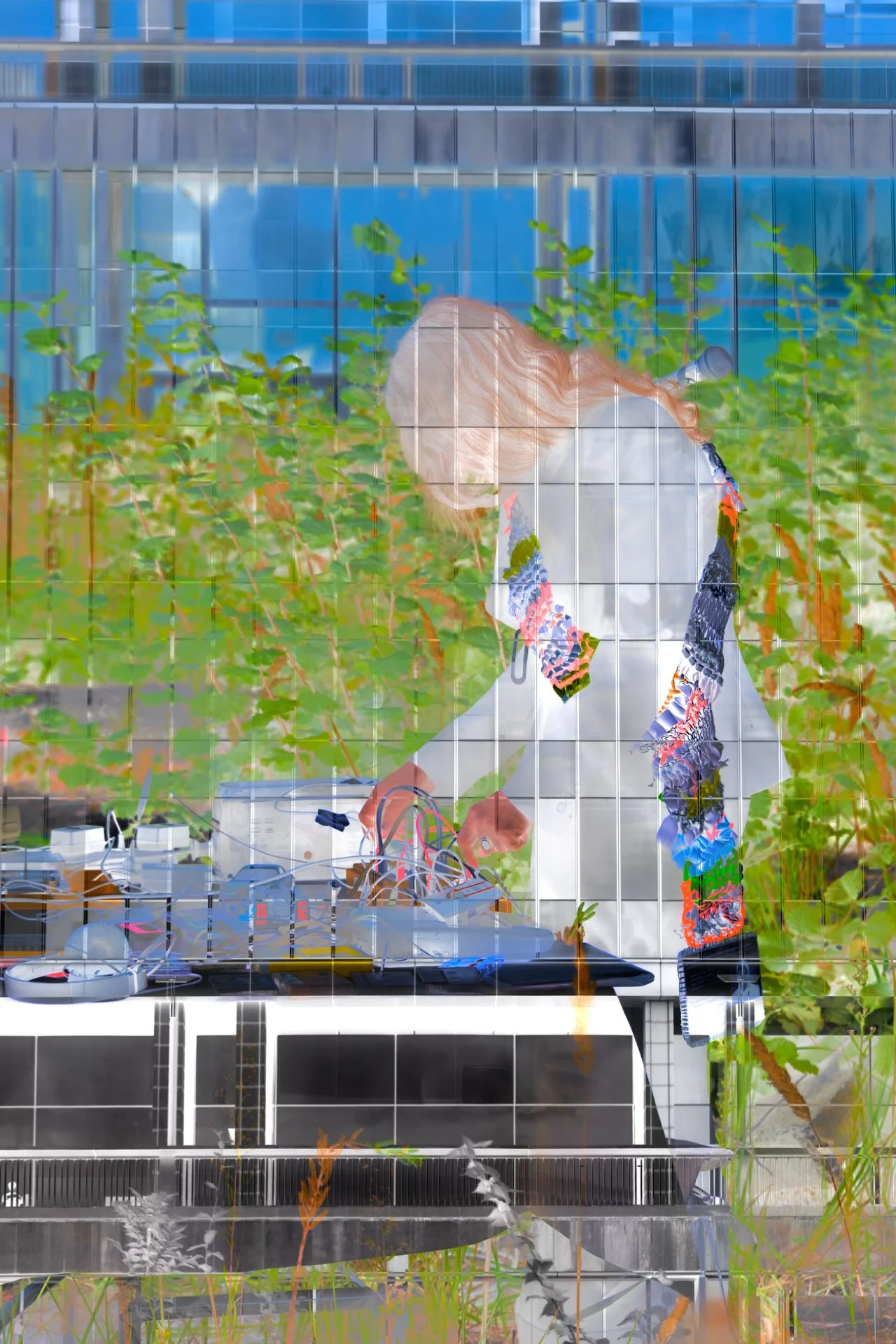 Une personne de profil travaillant sur un ordinateur portable dans un environnement moderne avec des plantes vertes et un bâtiment en verre en arrière-plan.