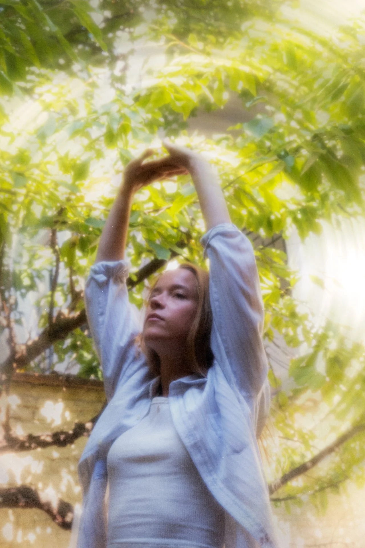 Jeune femme aux cheveux bruns, portant une chemise blanche, se tenant sous un arbre verdoyant, levant les bras pour toucher les feuilles.