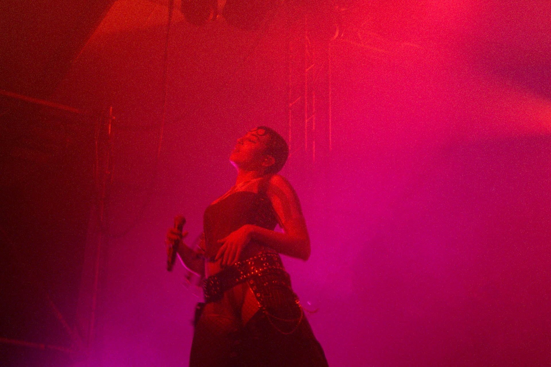 Une personne sur scène sous un éclairage rouge violette, tenant un microphone, avec des cheveux courts et portant des vêtements de style punk ou rock.