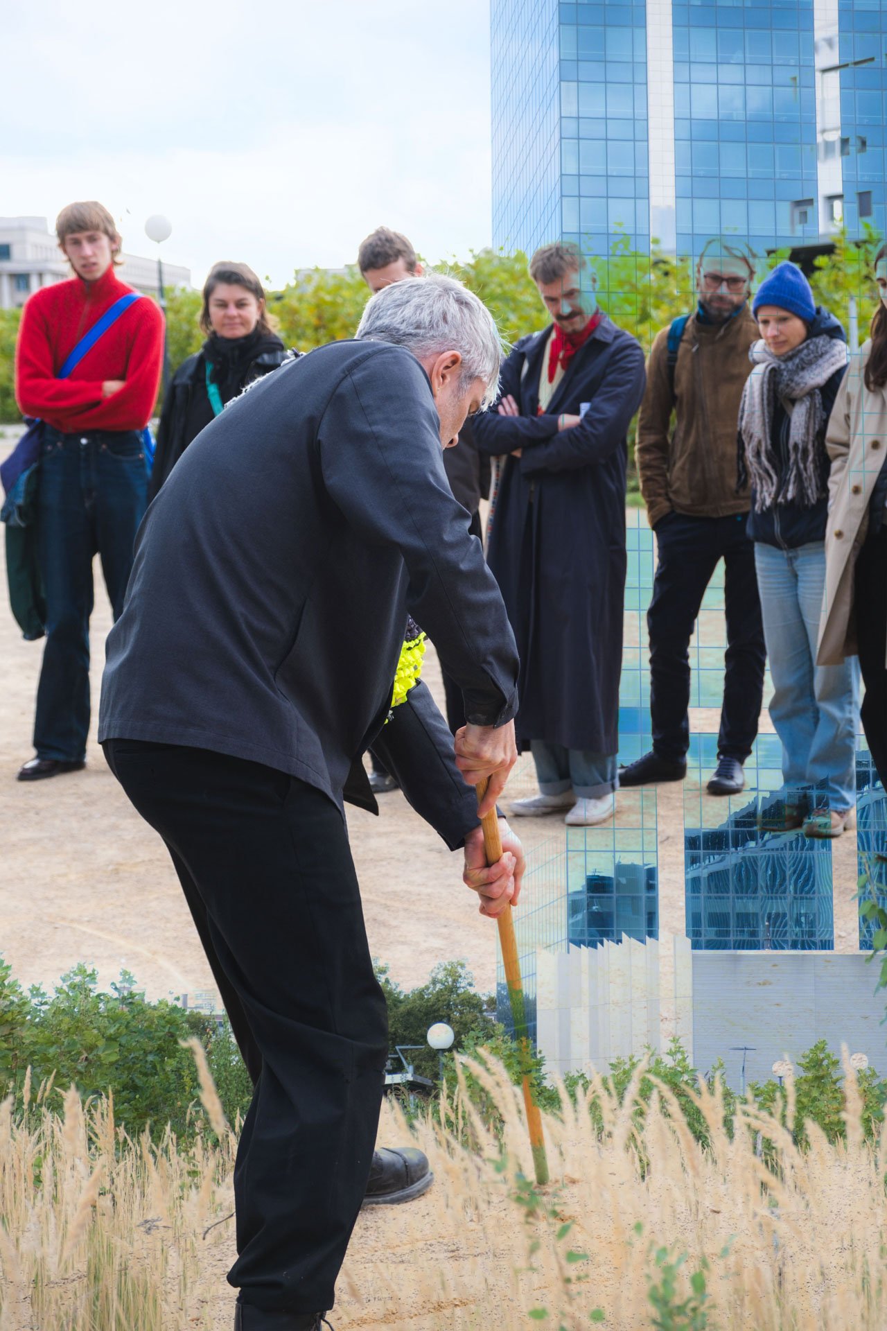 Un homme âgé en train de planter un jeune arbre avec un groupe de personnes observant, dans un environnement urbain avec des bâtiments modernes en arrière-plan.