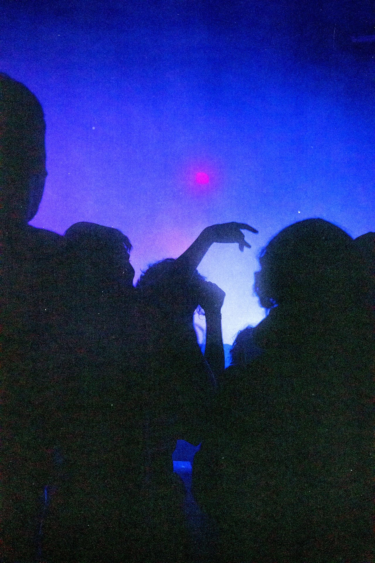Silhouettes de personnes dans une lumière noire avec un ciel étoilé en arrière-plan.