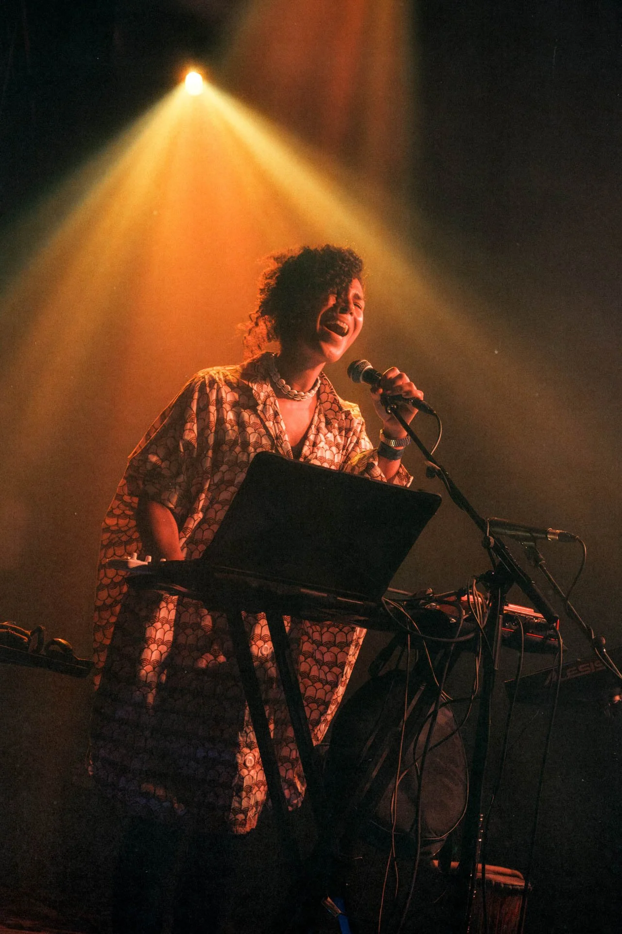 Une femme chante en jouant de la musique sur scène, éclairée par une lumière chaude au-dessus d'elle.