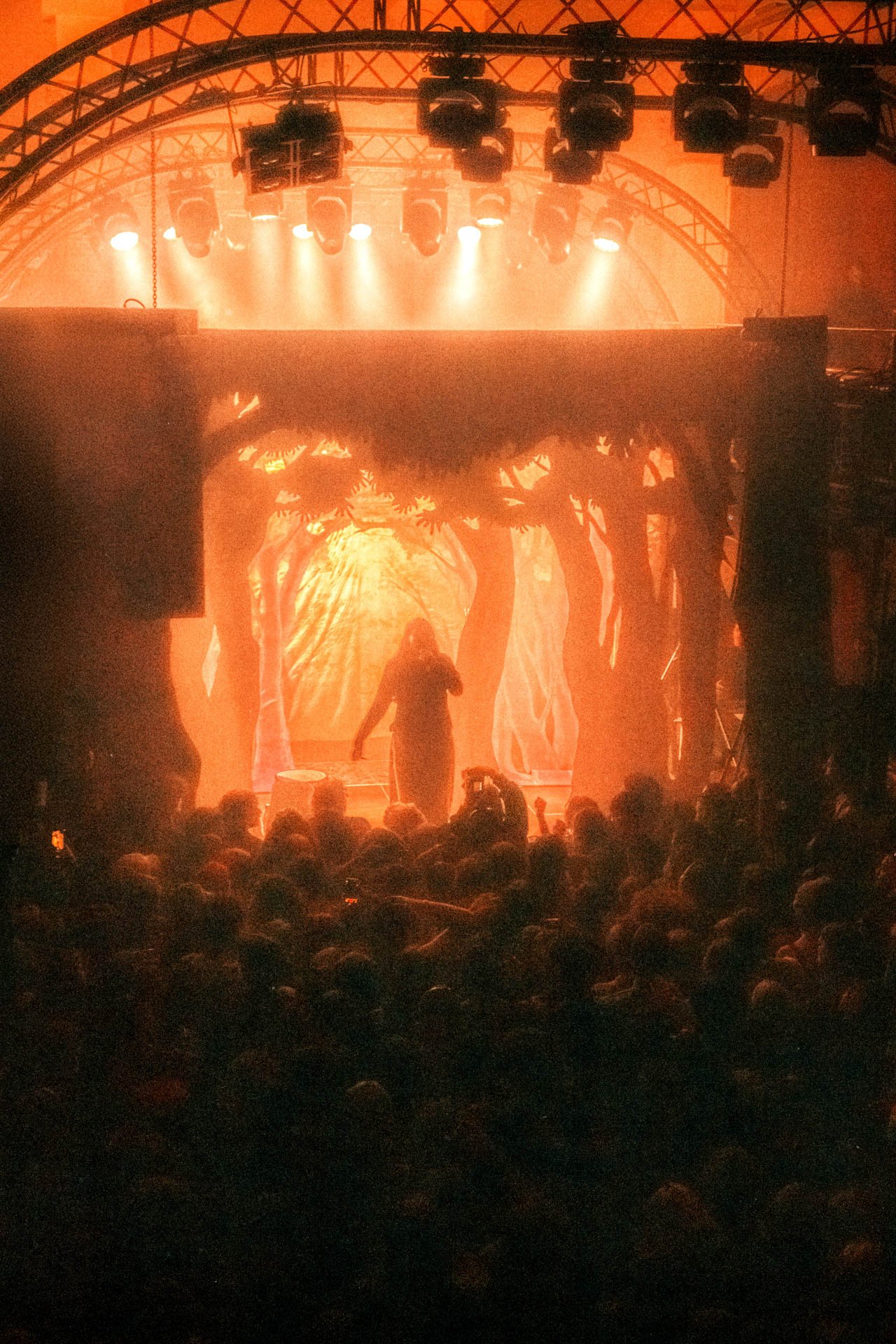 Une scène de spectacle ou concert avec un décor représentant un environnement naturel avec des arbres. Il y a une personne sur scène, entourée d'une foule de spectateurs.