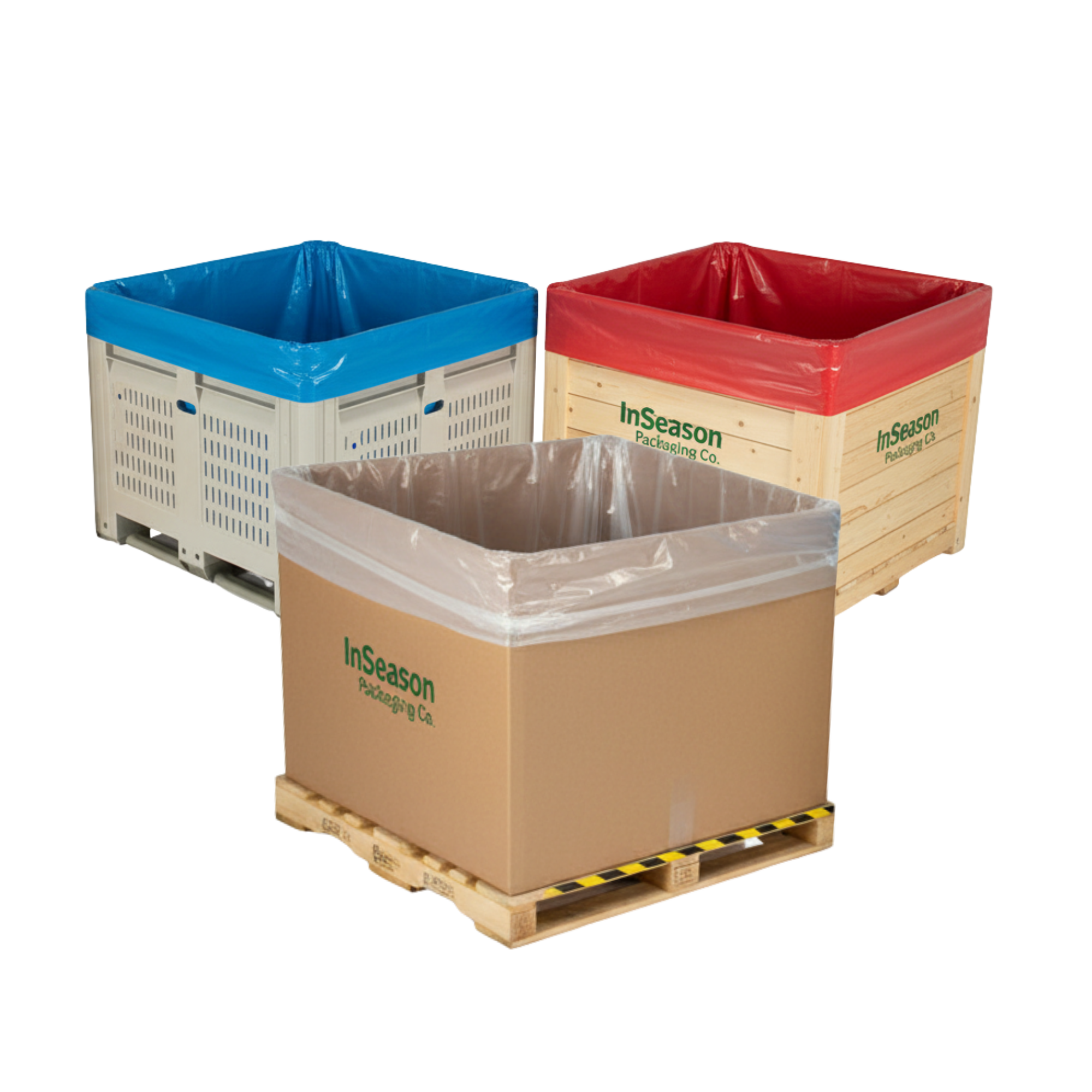 Three open-top storage bins placed on a wooden pallet, each lined with a plastic liner. The bins are made of plastic or wood, with one in beige and the others in blue and red. The beige bin has the text 'InSeason Packaging Co.' printed on its side.