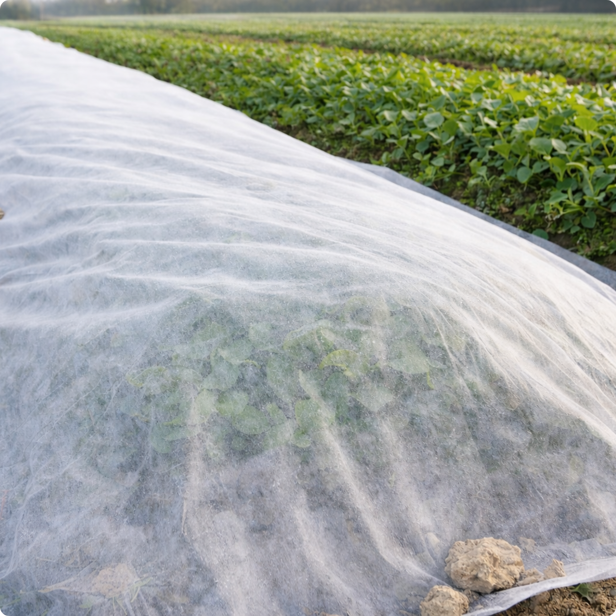 A vegetable farm with rows of green plants covered with a white protective InSeason Ag Frost Fabric, and more rows of plants in the background.