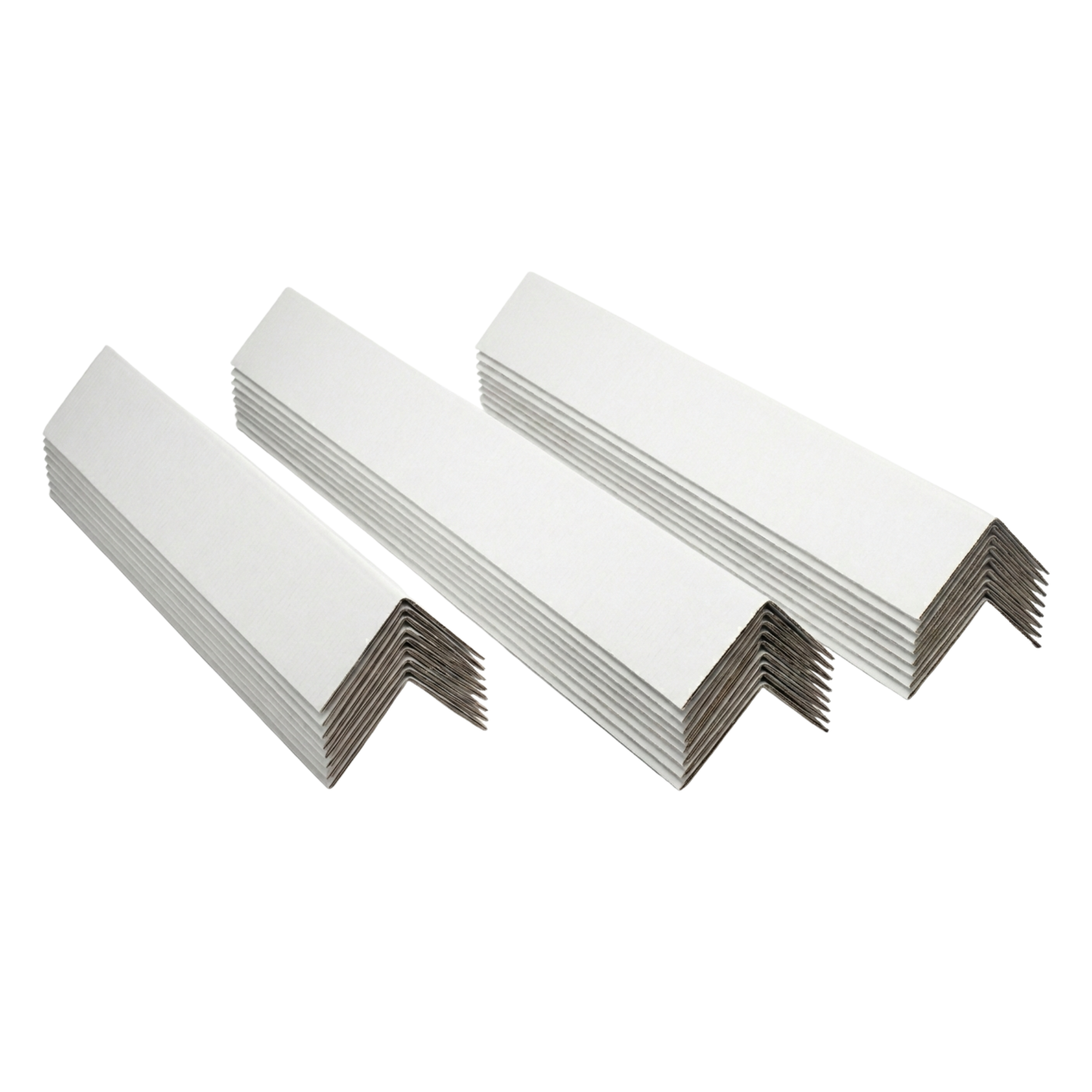 Three bundles of white corner boards for packaging use.