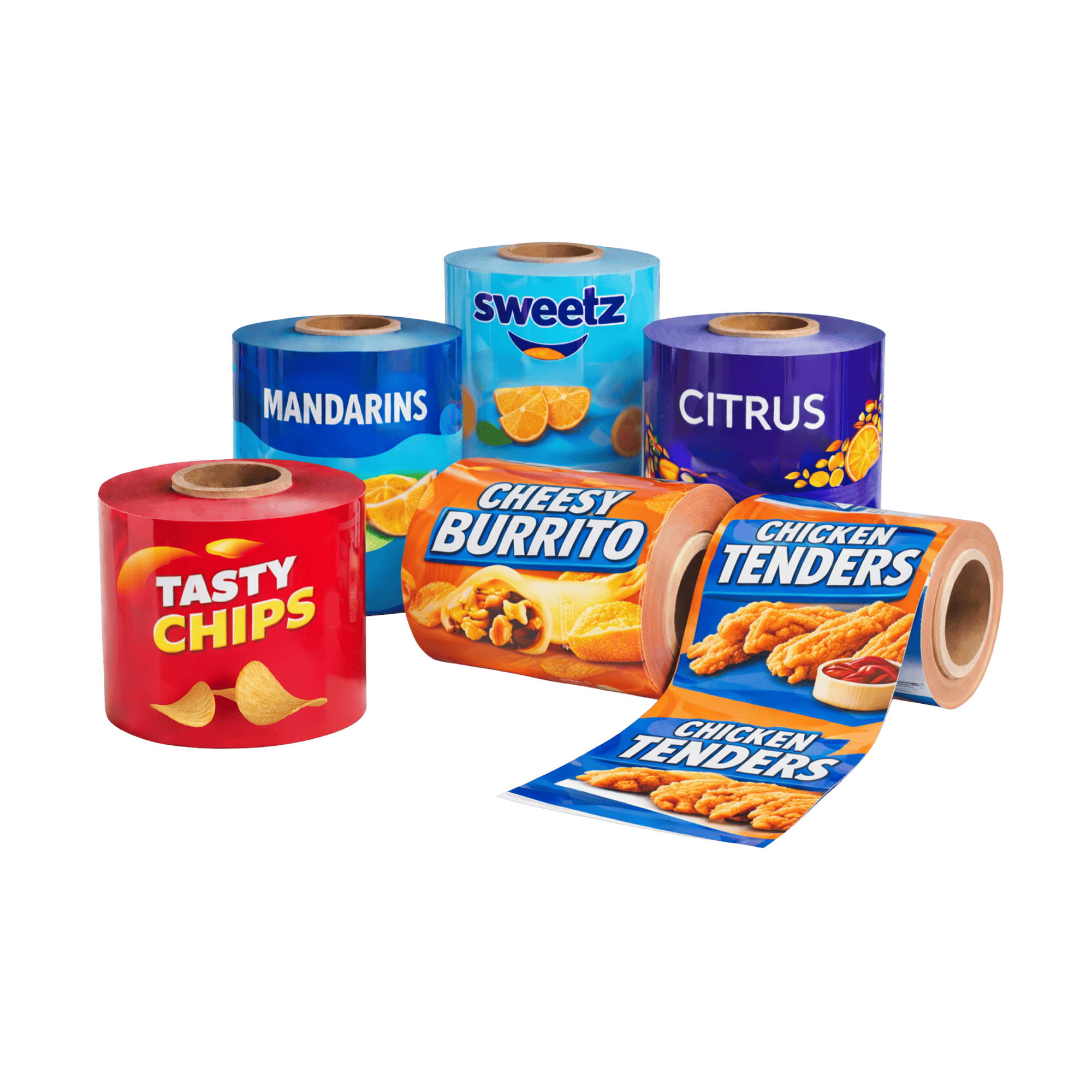 Generic examples of custom printed InSeason Packaging Roll Stock Film for produce packaging. 