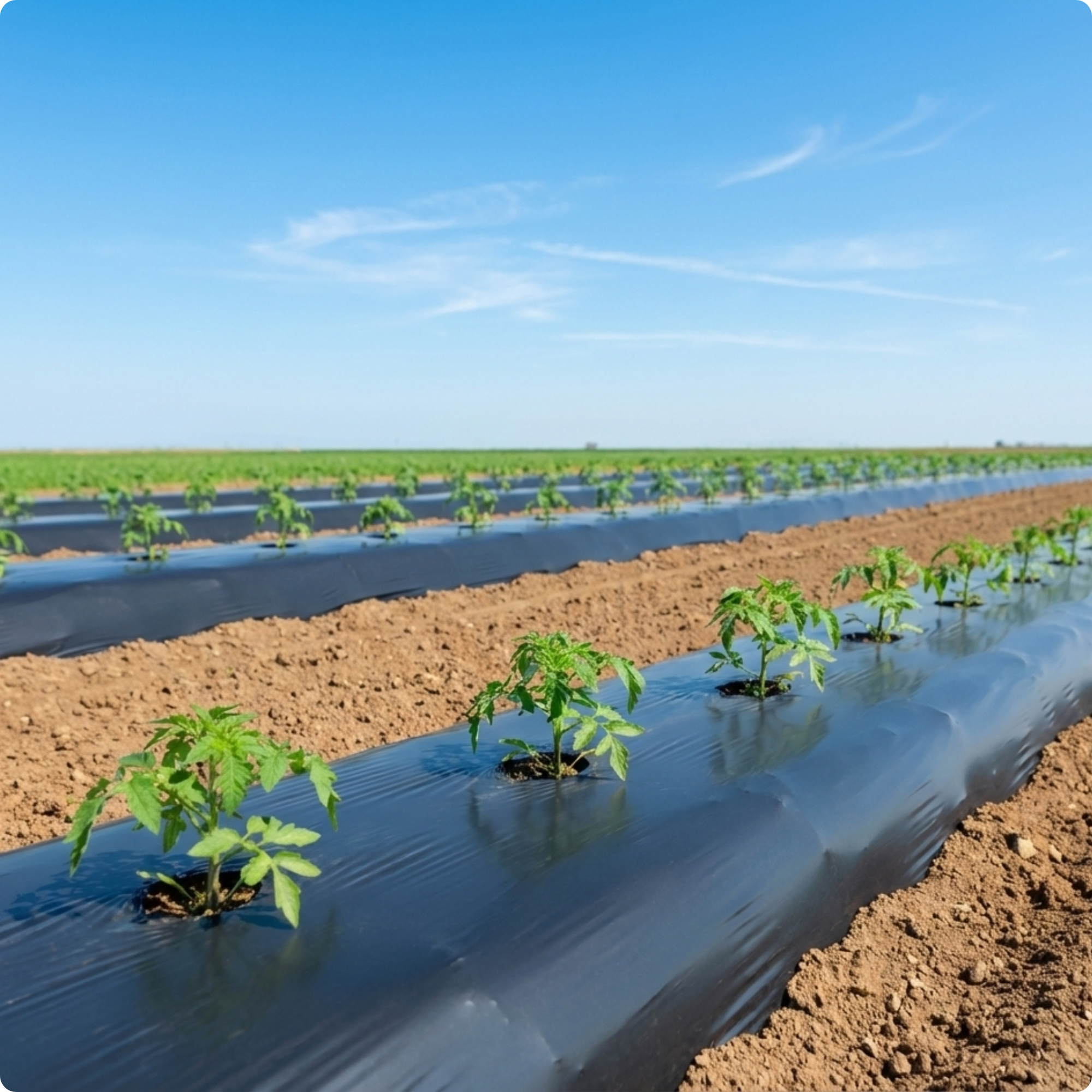 Young tomato plants growing in a farm field with black plastic InSeason Ag Mulch Film, under a clear blue sky.