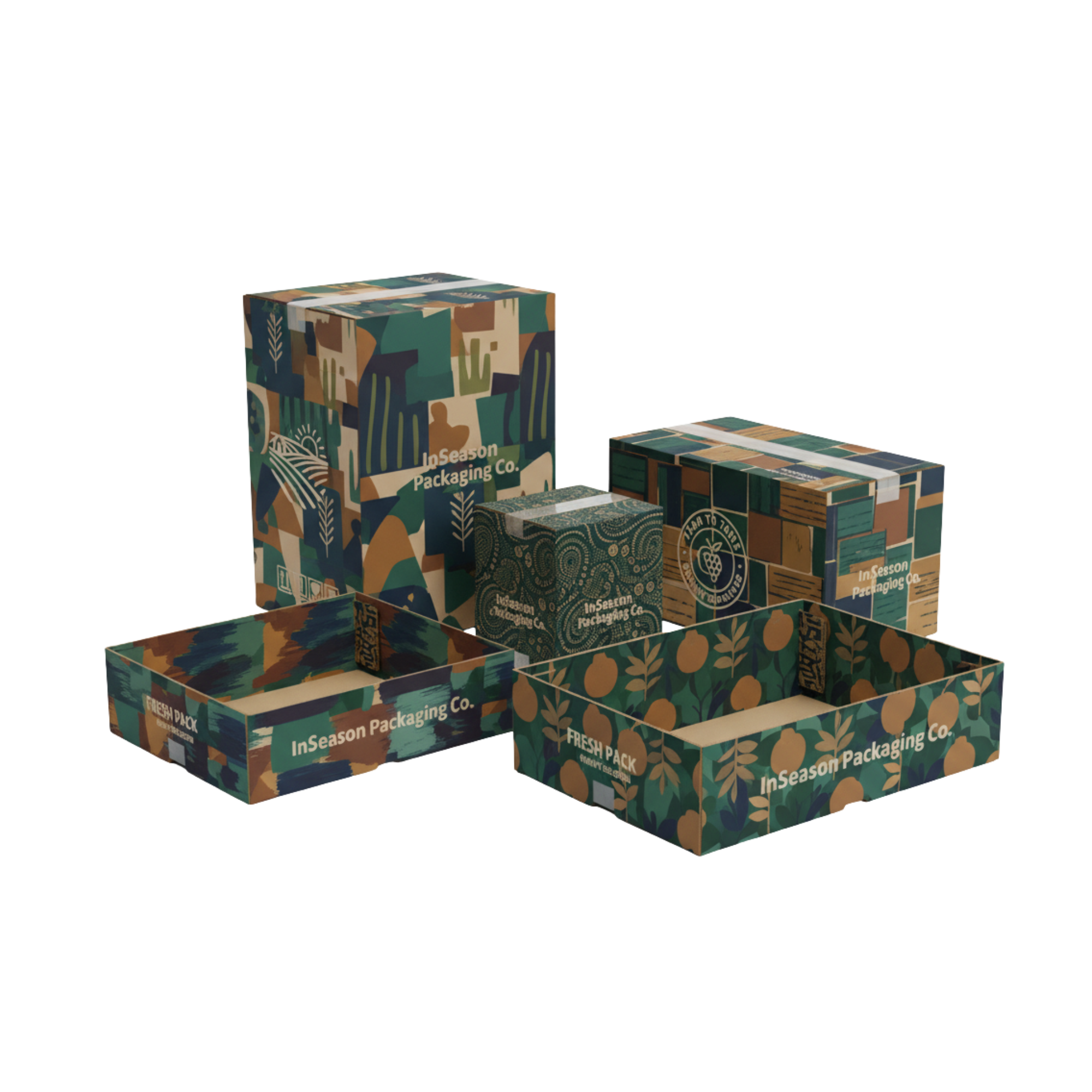 Six decorative cardboard boxes with colorful, patterned designs and branding for InSeason Packaging Co. and Fresh Pack, used for packaging produce.