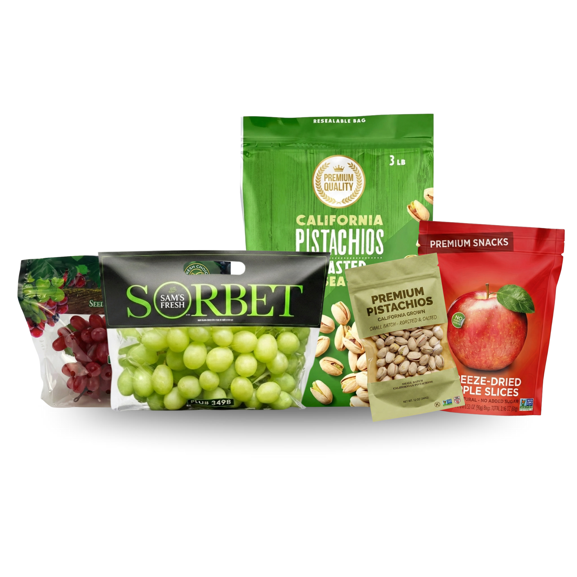 Three colorful produce pouch bags with different fruit patterns and a scale in front, with green, purple, and multicolored designs.