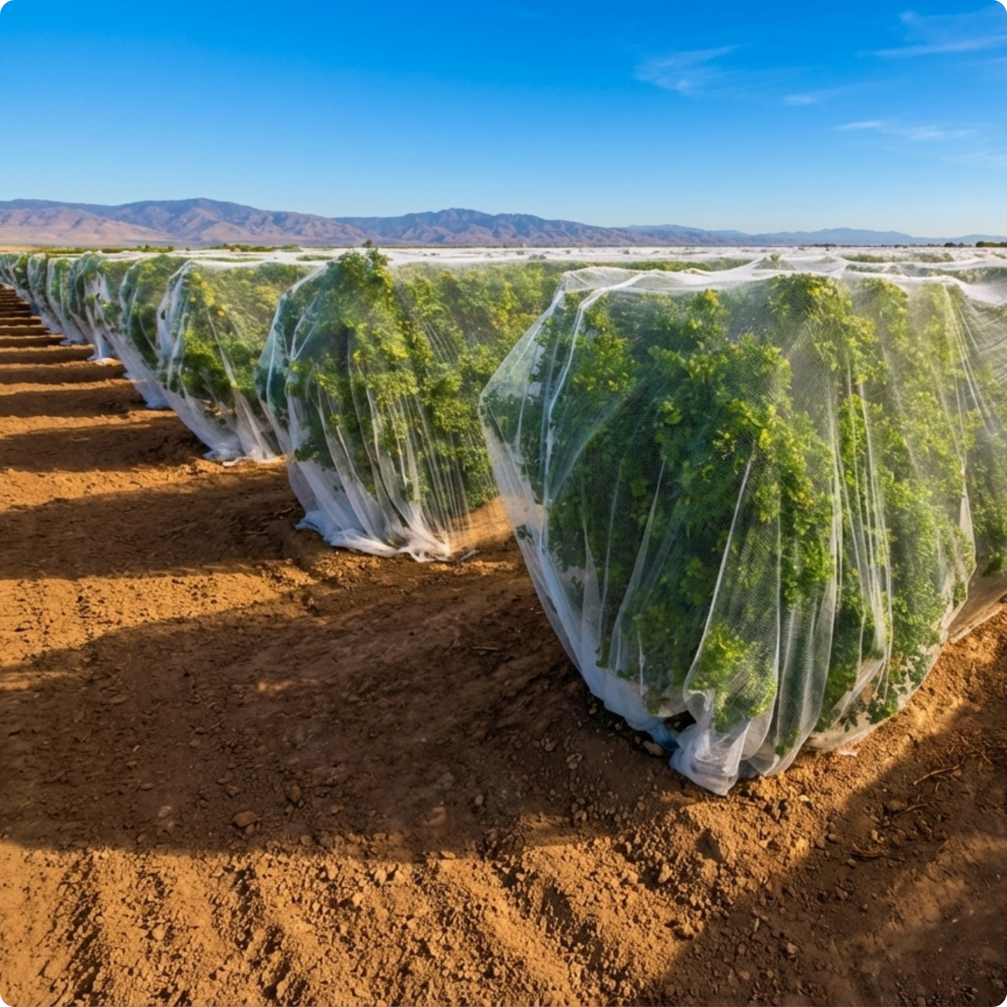 Rows of green plants covered with protective InSeason Ag Bee Netting in a farm field under a clear blue sky