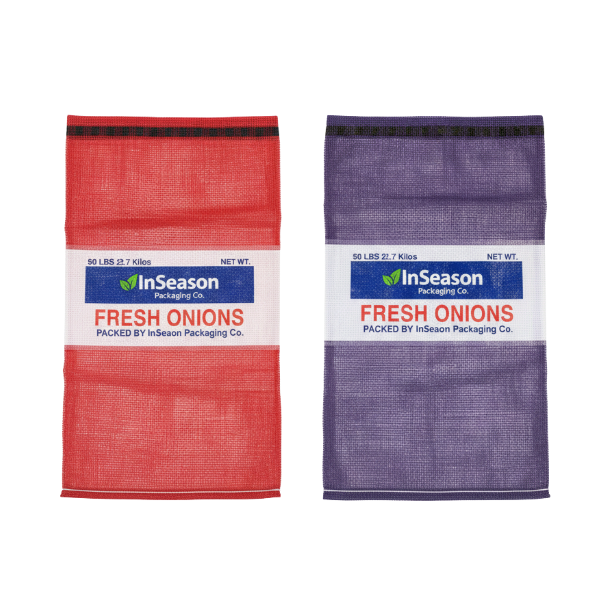 Two custom printed mesh bags, one red and one purple, containing fresh onions. The bags have labels reading 'InSeason Packaging Co.' and 'Fresh Onions', each weighing 50 pounds.