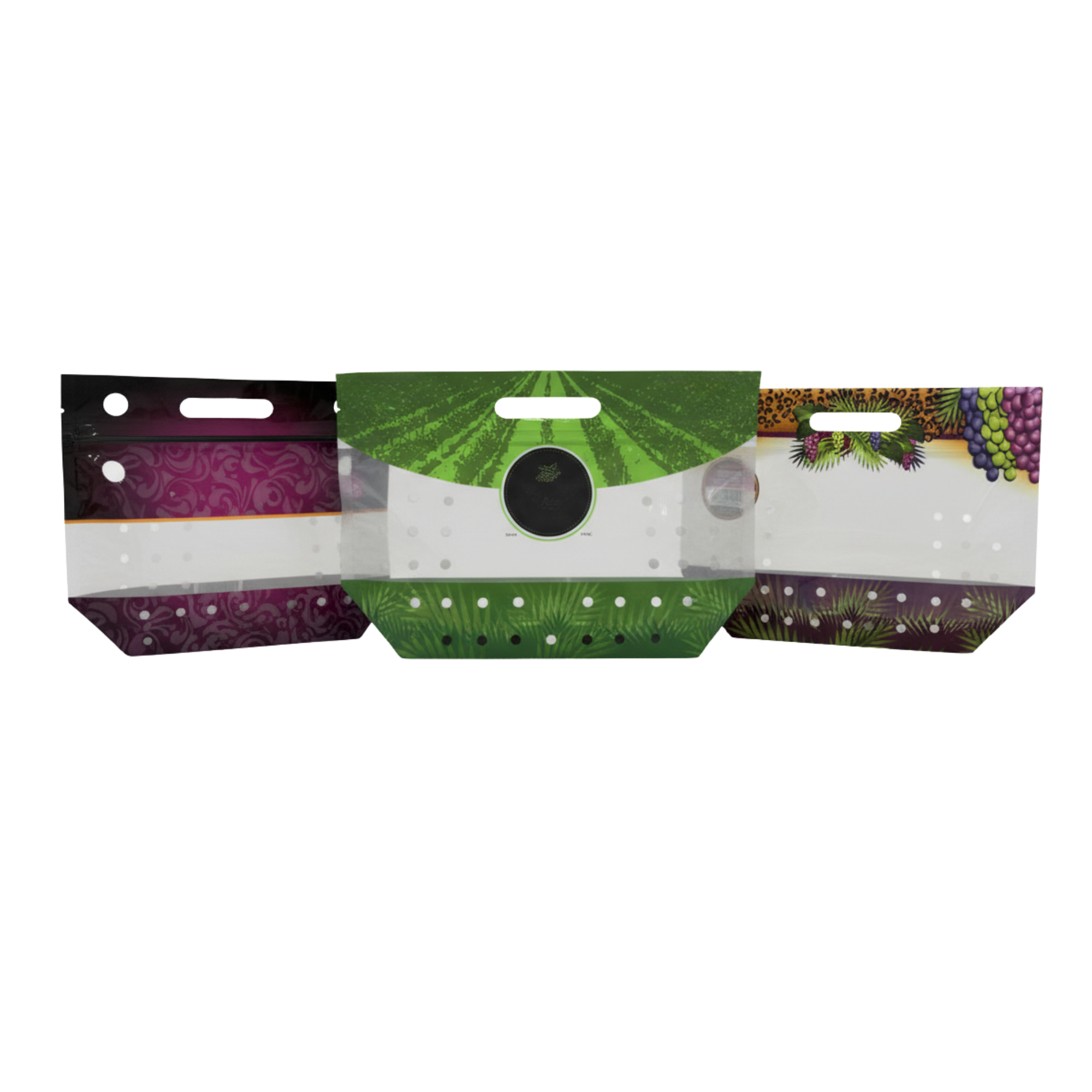 Three colorful produce pouch bags with different fruit patterns and a scale in front, with green, purple, and multicolored designs.