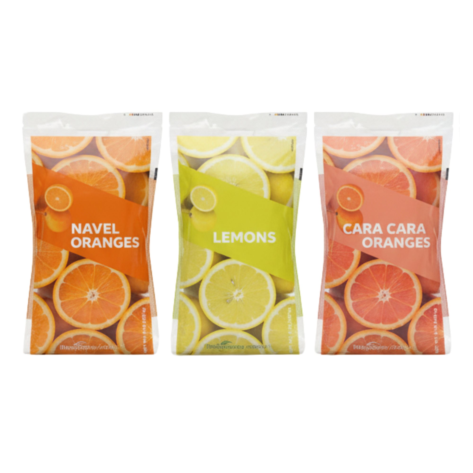 Three combo bag packages in orange, yellow, and red. The packages are labeled "NAVEL ORANGES", "LEMONS", and "CARA CARA ORANGES" respectively.