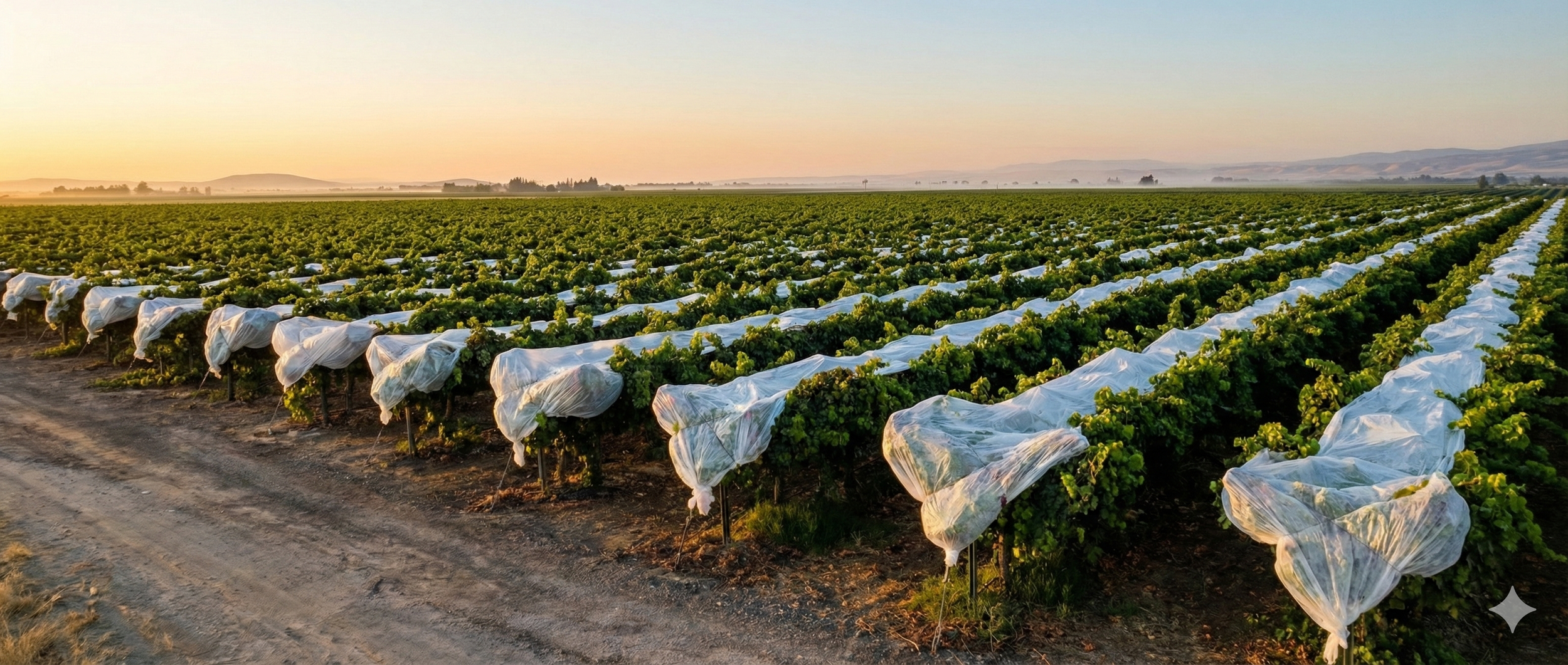 Farmland with rows of green crops covered in white plastic at sunrise or sunset, with distant hills on the horizon.