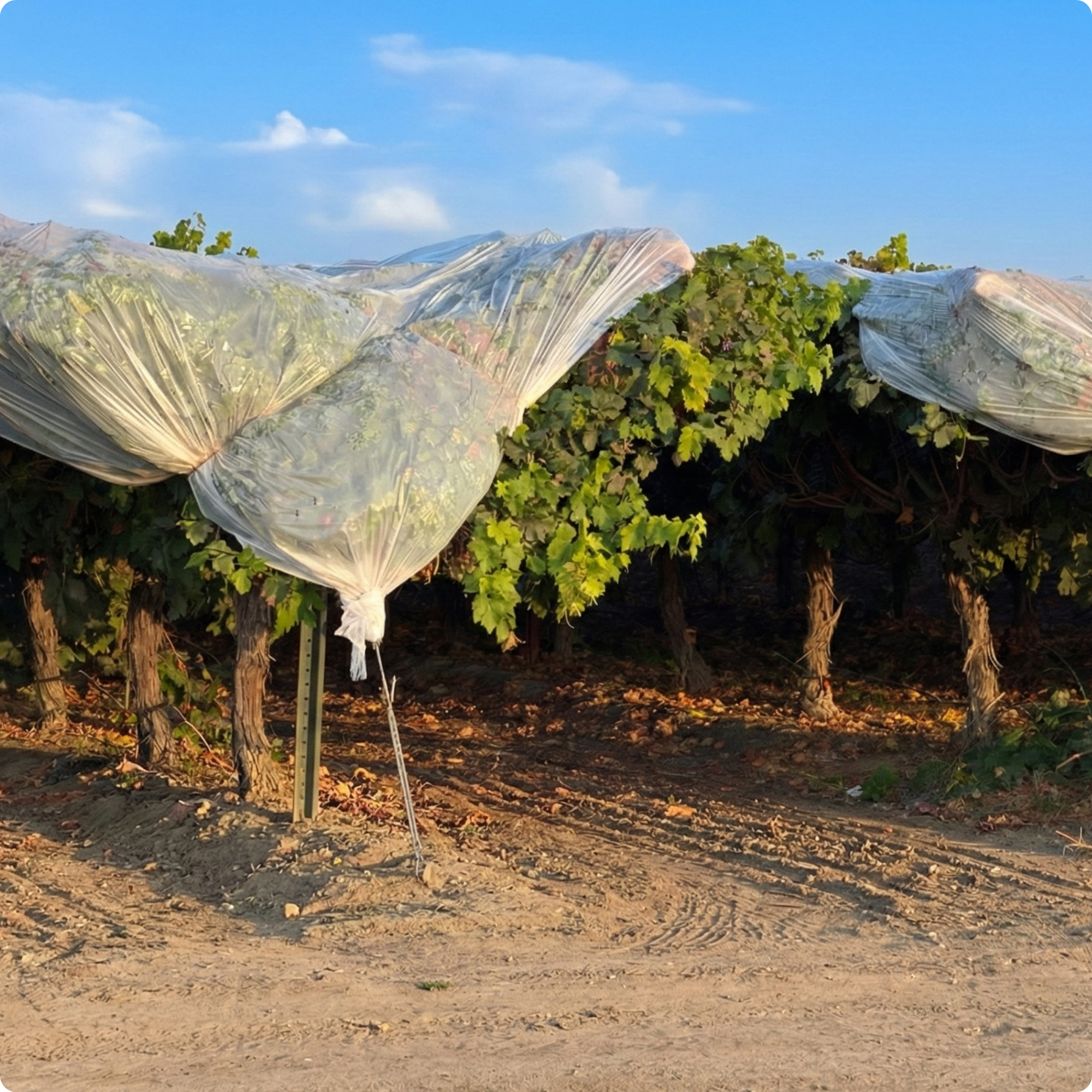 Grapevines covered with InSeason Vine Dry, vine protective cover, in a vineyard during daytime, with a clear blue sky and a few clouds.