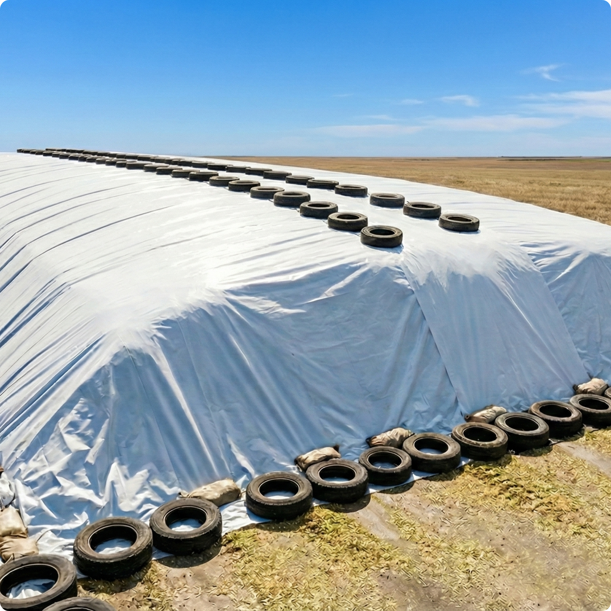 A large hay bale wrapped in white InSeason Ag Silage Film with black tires surrounding it in a field under a blue sky.