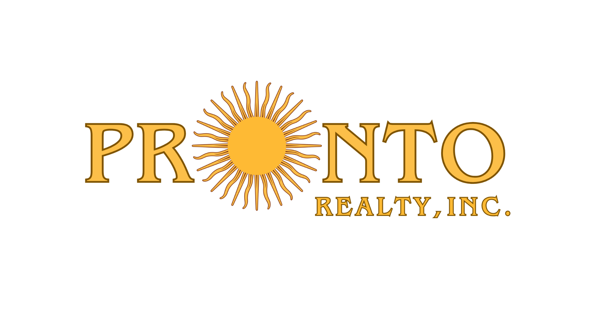 Logo for Pronto Realty Inc featuring a sun with radiating rays between the words 'PRONTO' and 'REALTY INC' in gold lettering.