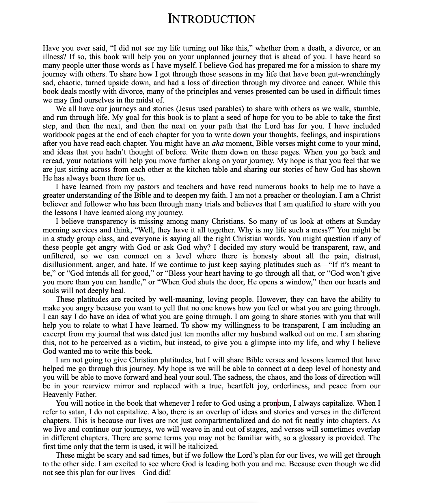 A page of a book with the heading 'Introduction' and a block of text about personal faith, experiences, and reflections on Christian life.