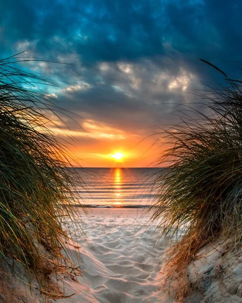 A beautiful view of a sunset or sunrise on the beach as you look at the sun over the sea.