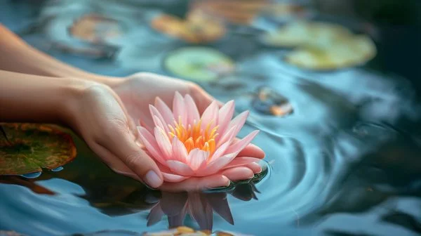 A woman is holding a lotus flower in bloom over the pond water.