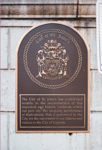 City of St. John’s plaque explaining its contribution to Harbourside Park maintenance
