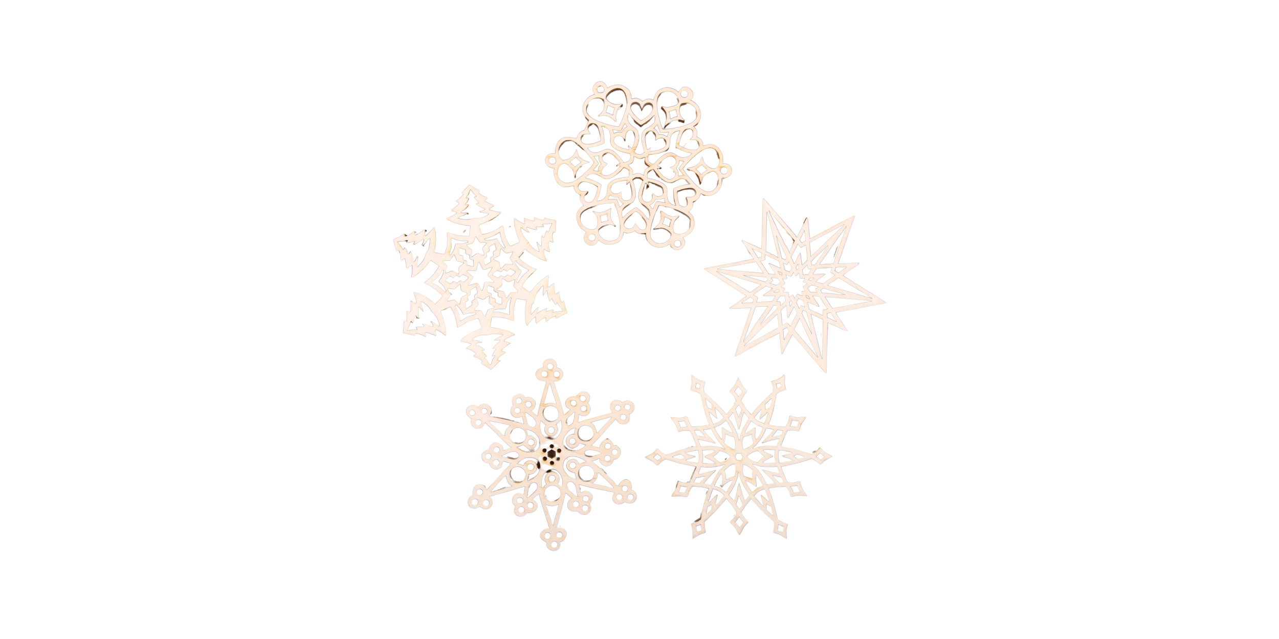 Five illuminated snowflake ornaments in white with intricate designs against a black background.