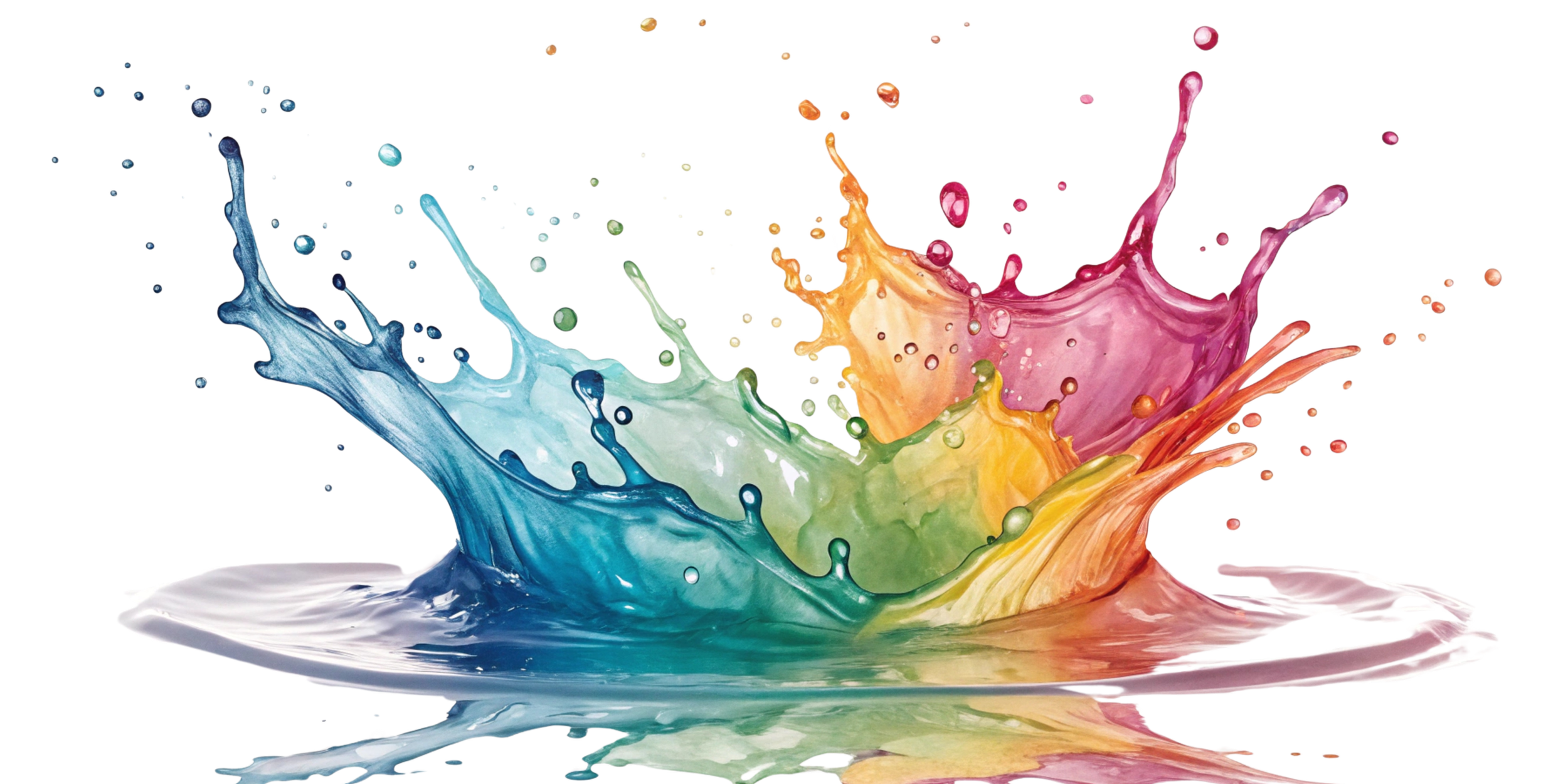 A splash of multicolored paint splashing in water, forming a dynamic explosion with vibrant colors including blue, green, yellow, orange, pink, and purple.