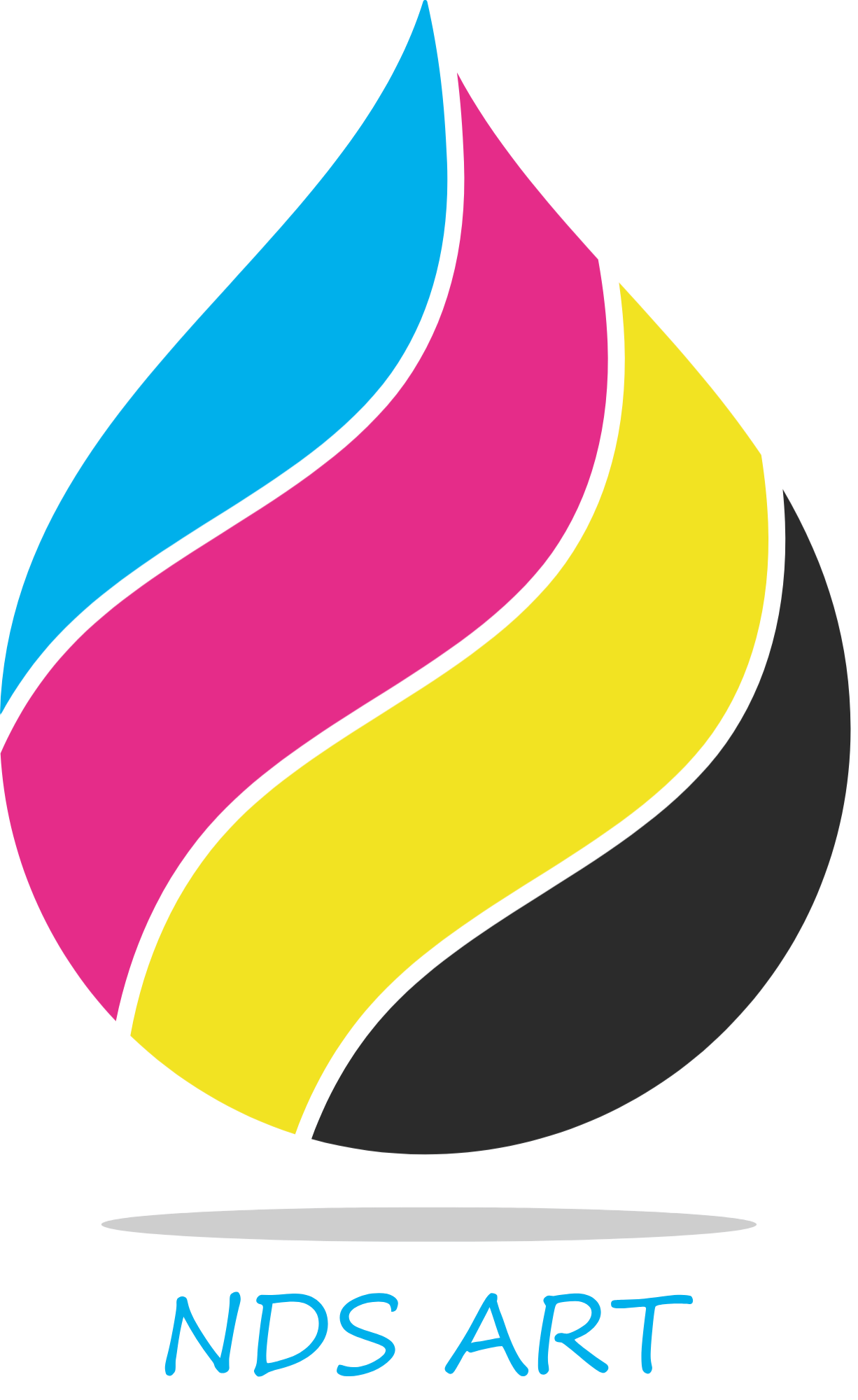 Colorful abstract art logo with a central teardrop shape featuring blue, pink, yellow, and black curved sections, and "NDS ART" written below in blue text.