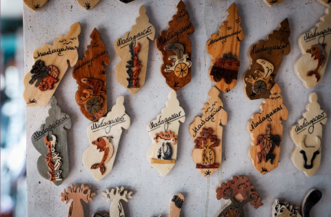 Collection of wooden and acrylic tags with designs and the word 'Madagascar,' featuring animals such as lemurs, chameleons, and other wildlife from Madagascar.