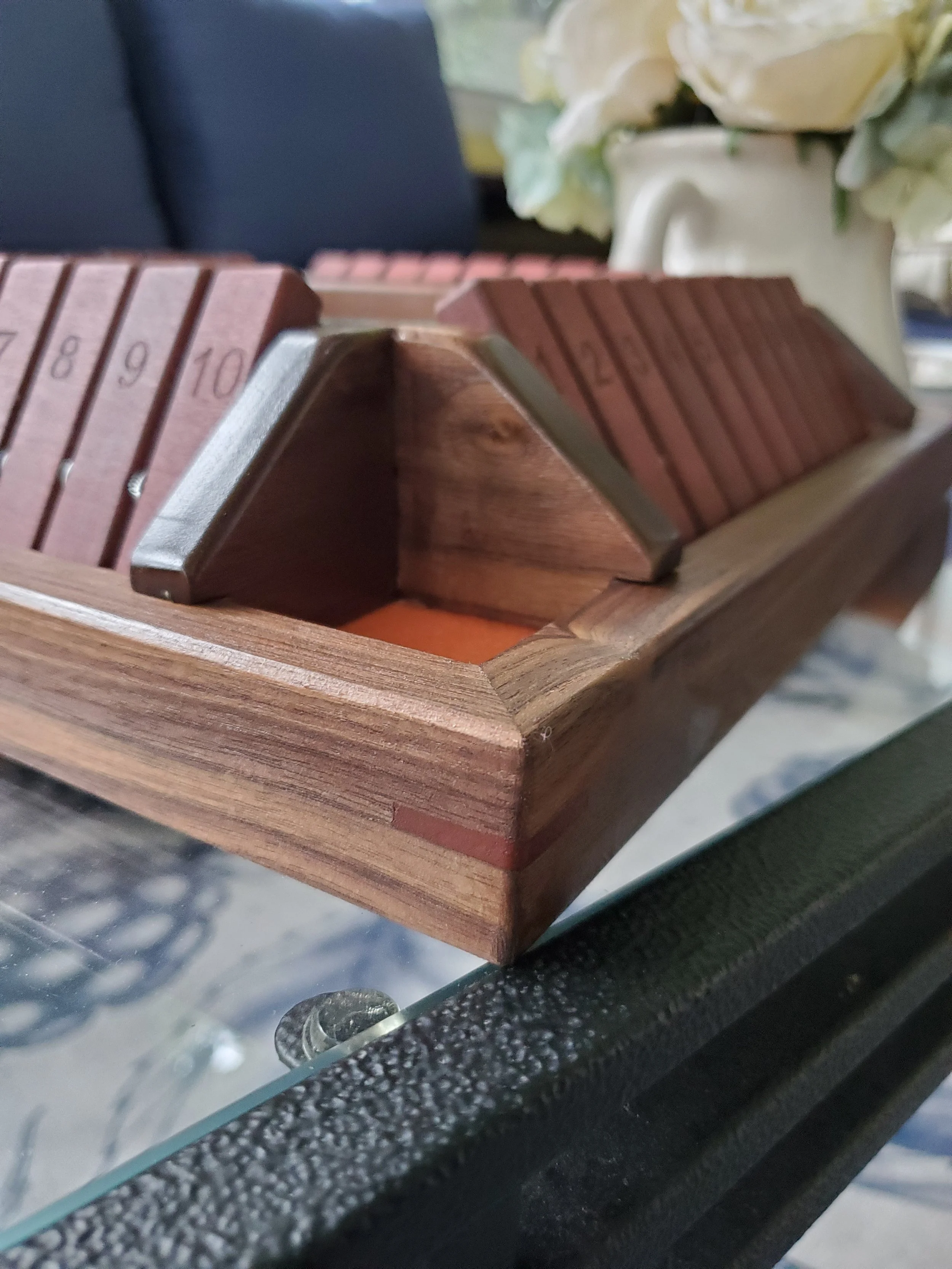 4-top Shut the Box in orange & maroon, made form walnut