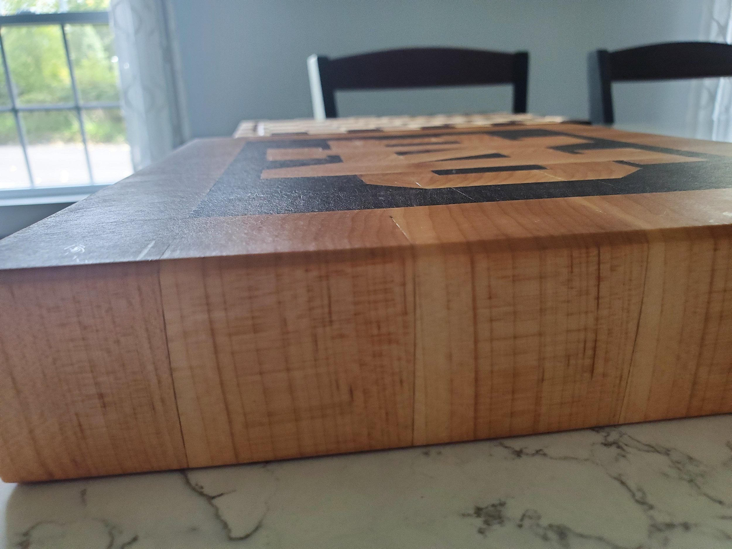 "Notre Dame" end-grain cutting board made from maple & walnut