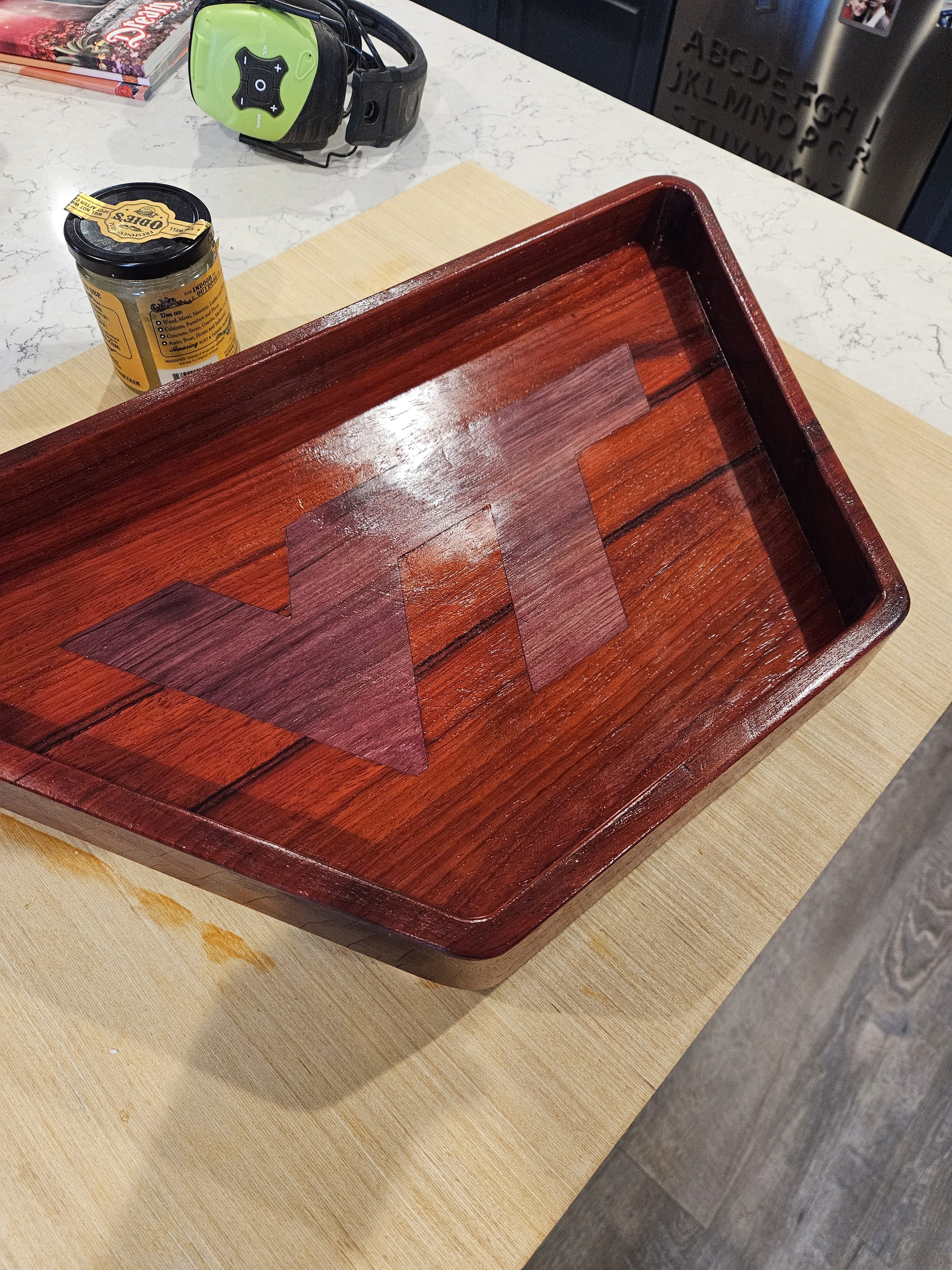 "Virginia Tech" serving tray, made from Osage-orange and purple-heart