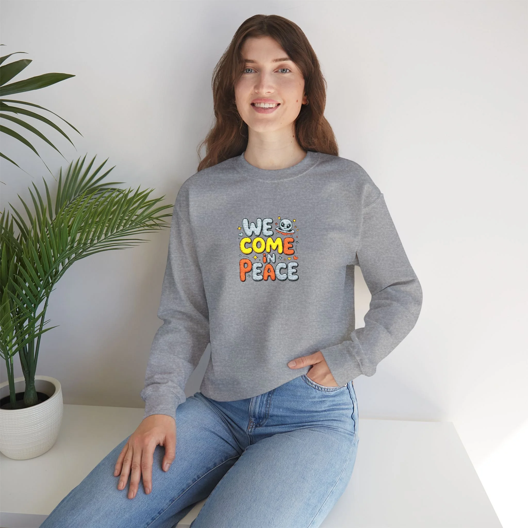 Little Happy Alien — "We come in Peace" Embroidered, Crewneck Sweatshirt — Unisex