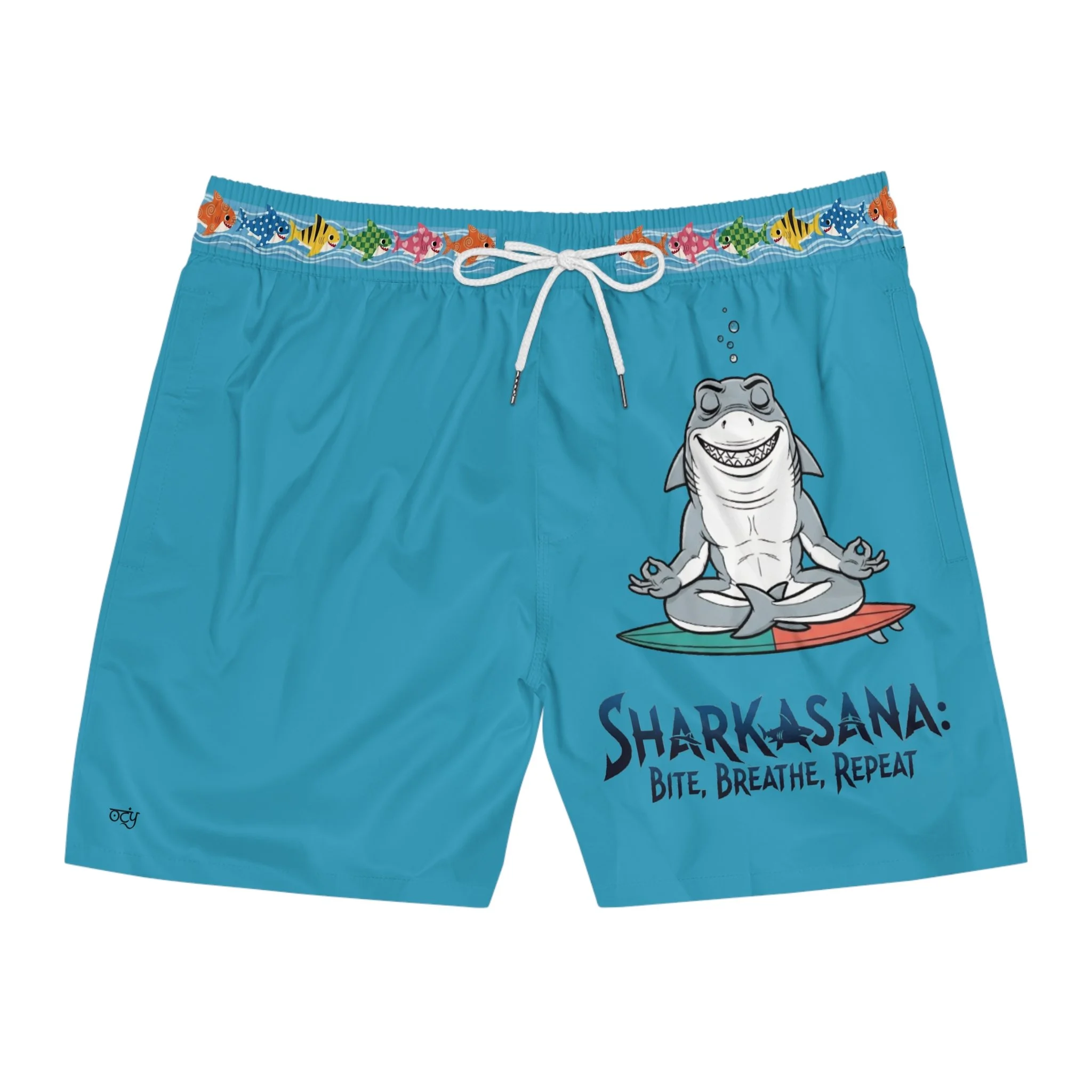 OC YOGI - Zen Shark Swim Shorts — Men's Mid-Length Surf Trunks with Meditating Shark