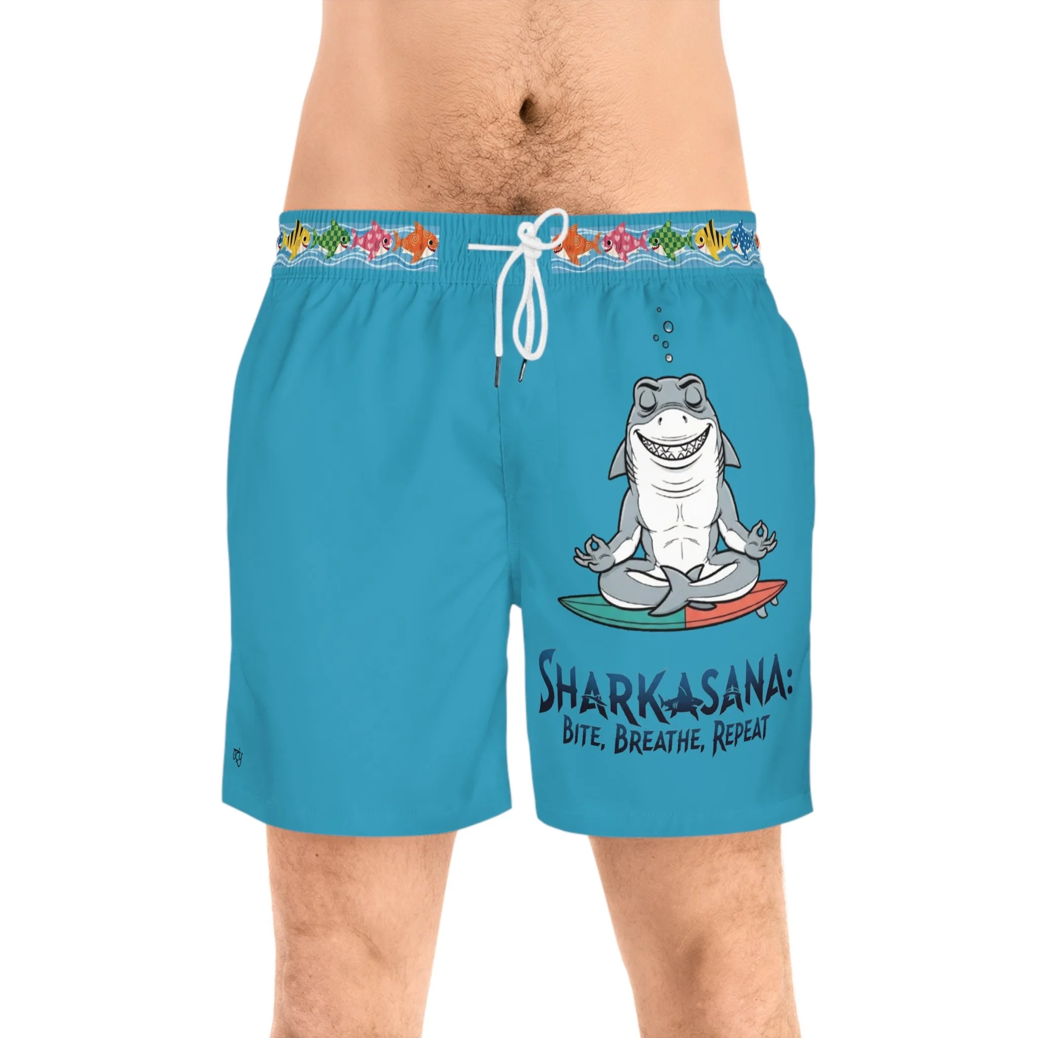 OC YOGI - Zen Shark Swim Shorts — Men's Mid-Length Surf Trunks with Meditating Shark