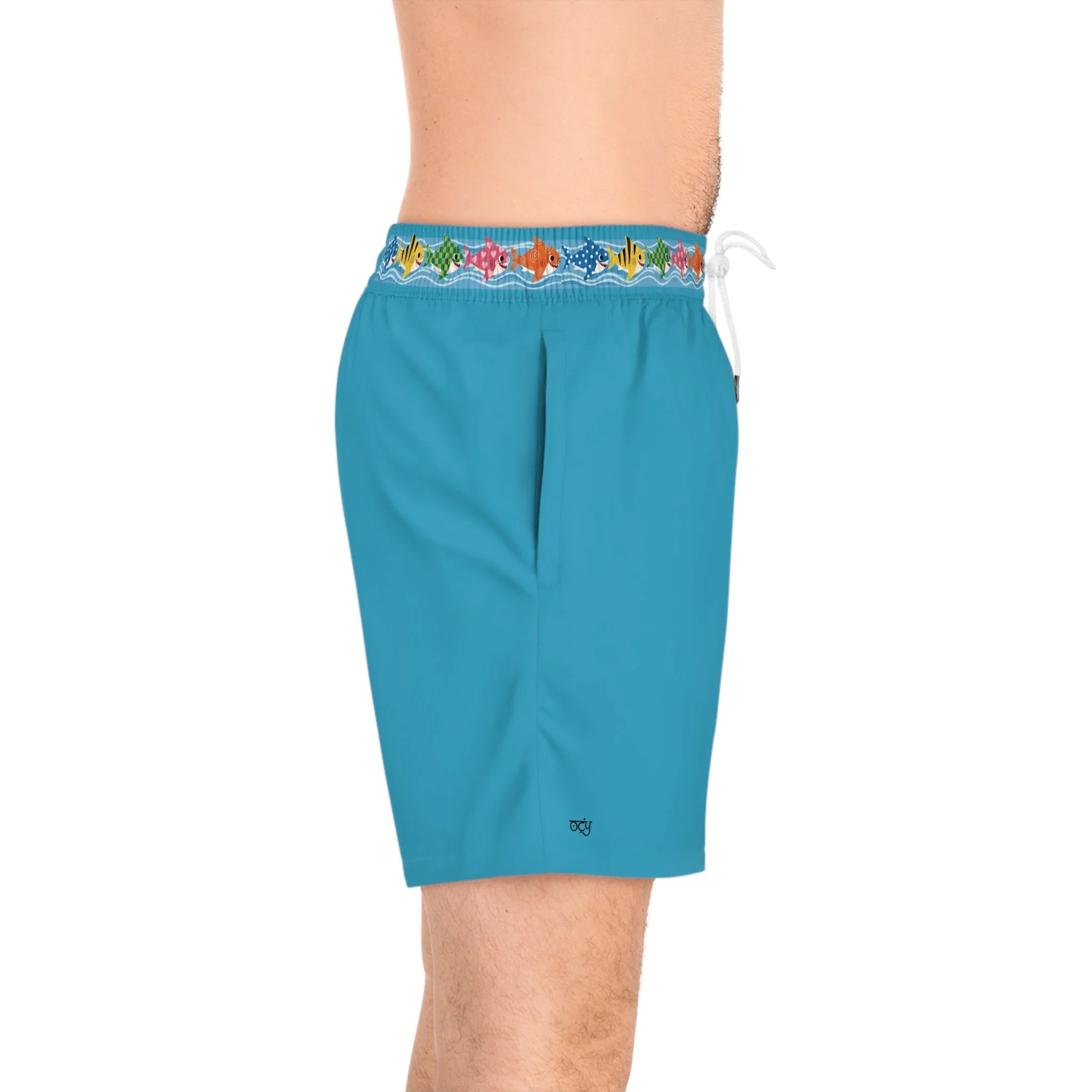 OC YOGI - Zen Shark Swim Shorts — Men's Mid-Length Surf Trunks with Meditating Shark