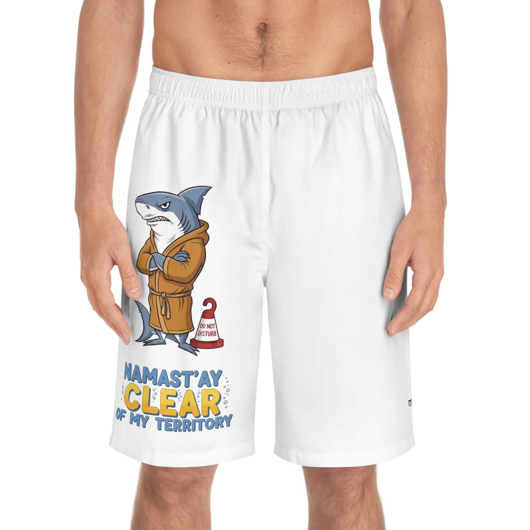 Shark in Robe Men's Board Shorts — 'Do Not Disturb' Playful Cartoon - Special Edition, White Men's Board Shorts